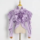 Purple Shirts For Women Loose Patchwork Fungus Turtleneck Puff Sleeve Short Blouses Female 2022 Autumn Clothing