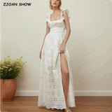 BOHO Summer White Embroidery Hollow Out hole Backless Dress Women Hem Slit Ruffles Strap Sling Midi Holiday Robe Female-Outfit