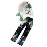 Female Suit Set Flower Print Notched Collar Jacket Blazer + Vintage Pants Trouser Runway Office Two Piece Set Suit