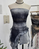 Real Shooting 2024 Summer New Dyed Printing Mesh Yarn Chest Sleeveless Top Irregular Ribbon Vest
