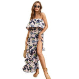 Sunmmer New Slim Women Dew Shoulder Dress Print Flower Chiffon Long Dress Sexy vintage Open Fork Dresses Elegant
