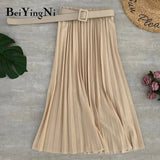 2020 Autumn Summer Women Skirt Midi With Belt Pleated Female Skirts Casual Luxury Korean Faldas Ladies Saias Chic