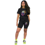 Fashion Print Street Hipster Short Sleeve T-Shirt And Shorts Two-Piece