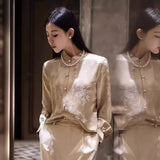 Chinese Style Vintage Buttoned Blouse Women's Autumn 2023 New Champagne Small Collar Imitation Silk Blouse-Outfit