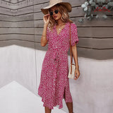 Dress Women Casual Floral Print Holiday Beach Dress V-Neck Midi Dresses Female Summer Short Sleeve Button Loose