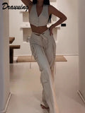 2 Pieces Sets Casual Crop Top And Pant Wide Leg Loose Pant Outfits 2 Pieces Sets Women Lace-up Pant With Pockets-Outfit