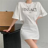 2021 New Summer Letter Print White Dress Korean Short Sleeve Female Dresses Vintage Sexy Hollow Out Robe