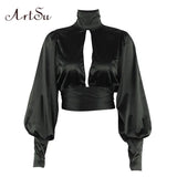Women Sexy Lace Up Bow Satin Blouse Turtleneck Shirt Backless Blouses Blusas Women Puff Sleeve Crop Top Spring