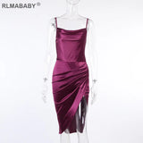 Strapless Split Wrap Satin Dress Elegant Spaghetti Strap Backless Bodycon Dress Club Night Party Women Ruched