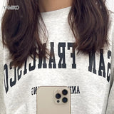 Fashion Women Sweatshirts Tops Autumn Vintage Faded Washed Letters Sweatshirts Long Sleeve O-Neck Pullover Tops Streetwear-Outfit