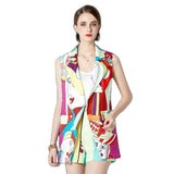 Colorblock Cartoon Print Short Pant 2 Piece Set Women Notched Sleeveless Blazer Jacket + Wide Leg Shorts Set