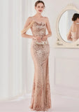 Sequin One Shoulder Slit Long Evening