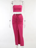 Two Piece Sets Women Ankle-Length Skirts Women Tube Crop Top Sexy Party Outfit Beachwear Split Drawstring Folds