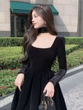 Velvet Elegant Evening Party Midi Dresses Ladies Black France Vintage Y2k Dress Women Winter Korean One-piece Dress