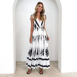 Summer New Positioning Print V-Neck Waist Swing Dress Ladies
