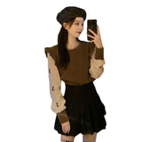 Spring Splicing Bubble Sleeve Knitted Sweater Women's Season Design Sense Niche Lotus Side Long Sleeve