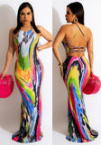 Multicolor Sexy Halter Sleeveless Print Maxi