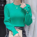 Elegant Puff Sleeve Sweaters Women Autumn Winter Metal Buttons Knitted Pullovers Woman 2023 Solid Color Women's