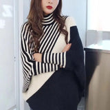 2023 Streetwear Screw Thread Batwing Sleeve Sweaters Autumn Winter Striped Spliced Korean Turtleneck Asymmetrical Jumpers-Outfit