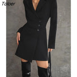 Black Office Notched Collar Dress For Women Elegant High Waist Short Dress Spring Streetwear Solid Long Sleeve Dresses