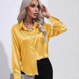 Satin Shirt Satin Imitation Silk Long-Sleeved Pure Color Elegant Button Front Lapel Shirt-Outfit