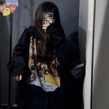 HOUZHOU Grunge Vintage Print Black Oversize Women Hoodies Gothic Streetwear Zipper Hooded Sweatshirts Female Winter Fleece
