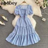Sexy Square Collar Short Sleeve Women Midi Dress Beach Vacation Party Robe Female Elegant High Waist
