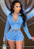 Long Sleeve Denim Cropped Top and Shorts