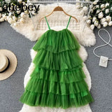 Women Retro Ruffles Pink/Green Strap Dress Mesh Spliced Wood ears Hem Cake Mini Party Dresses Robe Vestido