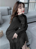 Dresses for Women Party Long Sleeve Midi Patchwork Knitted Sweater Dress Lace Stand Collar A-Line Chinese Style Winter
