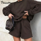 Yiallen Autumn Cotton Solid Two Piece Set Women Early Casual O-Neck Sweater+Drawstring Sporty Shorts Classic Matching