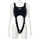 Punk Women Sexy Bodysuit Mall Gothic Cargo Black Buckle Patchwork Alt Clothes Cut Out Printed Streetwear Techwear-Outfit