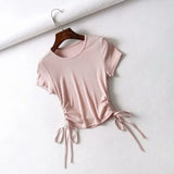 Side Drawstring Tie Up Ruched Tank Tops Women Solid Color Slim Crop Top Ladies Streetwear Ribbed Knitted Tees 2023-Outfit
