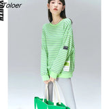 Women Sweatshirts 2022 Spring Long Sleeves O Neck Loose Hoodies Matcha Green Striped Chic Casual