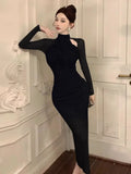 Women Dresses Sexy Elegant Mesh Patchwork Hollow Out Stand Collar Irregular Long Sleeve Party Dress Female Temperament-Outfit
