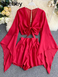 New Summer 2 Piece Outfits For Women Flare Sleeve Crop Top + Broad-legged Shorts Fashion Ladies Sexy Solid Chiffon Suit