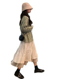 And Summer New Korean Version Of The College Wind Mesh Splicing Skirt Half-Bred Mid-Long A-Skirt