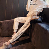 Women's Clothing Diamonds Haren Pants Stylish Bright Line Decoration Summer Net Spliced Streetwear Drawstring Cropped
