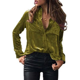 Autumn Pocket Shirt Long Sleeve Plain Satin Solid Single Breasted Women's Shirt Casual Pocket Patchwork Cardigan