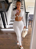 Streetwear Womens 2 Two Peice Sets Outfits 2022 Long Sleeve V Neck Crop Top Skinny Pants Suits Black White Matching