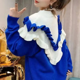 Solid Color Ruffles Spliced Sweaters Women's Clothing Korean Long Sleeve Autumn Winter Elegant V-Neck Knitted