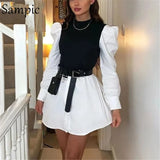 Spring Autumn Sexy Long Puff Sleeve Patchwork Shirt Dress Women Casual Party A-Line Mini Dresses Black Vestidos 2021