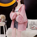 Female Casual Fahsion Striped Spliced Zipper Cardigan Loose All-match Thin Long Sleeve Hooded Jackets Women's