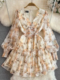 Court Style Lantern Sleeve V Collar Waist Shows Thin Medium And Long A Word Lotus Leaf Edge Printed Chiffon Dress-Outfit