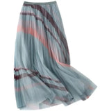 Fashion Patchwork Striped Print Pleated Skirt Elegant Office Lady Commute All-match Elastic High Waist Tulle Midi