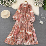 Quality Light Extravagant Lantern Long Sleeved Round Collar Waist Slim Single Breasted Printed Dress Elegant Long Skirt-Outfit
