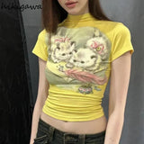 Woman Tshirts 2023 Ropa Mujer Crop Tops Half High Collar Sleeveless Tunic Tees Cat Print Fashion Casual Y2k T Shirt 7k741-Outfit