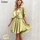 Boho Ladies Sexy V Neck Solid Mini Dress Women Elegant Half Sleeve Satin Loose Mini Dresses 2023 Summer Casual