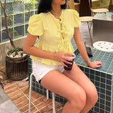 Women's Elegant Kawaii Summer Peplum Blouse Tops Short Puff Sleeve Round Neck Bow Tie-Up Front Babydoll Flare Shirts-Outfit