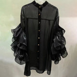 Casual Ruffle Trim Shirt For Women Stand Collar Flare Sleeve Solid Button Through Blouse Female Fashion Clothes